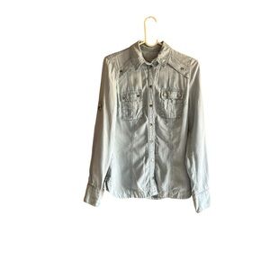 KAREN MILLEN DENIM BUTTOM UP CHEST POCKETS SHOULDER EPAULETTES L/SLEEVES SZ 4